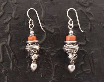 Old coral and sterling silver earrings that can be changed to clip on, lever back or post