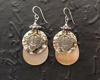 White bronze cast from old East Indian jewelry element, abalone, mother of pearl & sterling silver tribal chic wabi sabi boho earrings