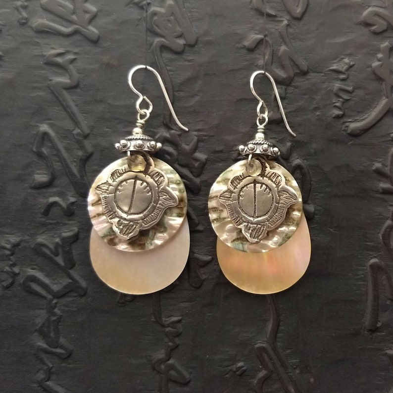 White bronze cast from old East Indian jewelry element, abalone, mother of pearl & sterling silver tribal chic wabi sabi boho earrings ear wire as shown