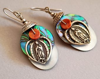 Virgin of Guadalupe Sterling Silver Earrings - Abalone & Mother of Pearl