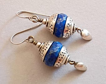 Handmade Lapis Sterling Silver Dangle Earrings, Boho Chic
