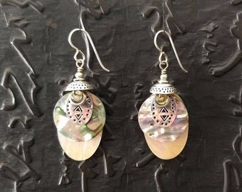 Mother of pearl paua shell stamped sterling silver earrings light weight Boho bohemian tribal chic wabi sabi boho