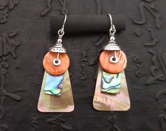 Light weight mother of pearl, paua, spiny oyster, sterling earrings can change to clip on, post or lever back