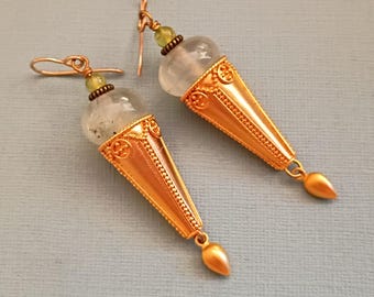 Green Quartz Dangle Earrings, 24k Vermeil Byzantine Style