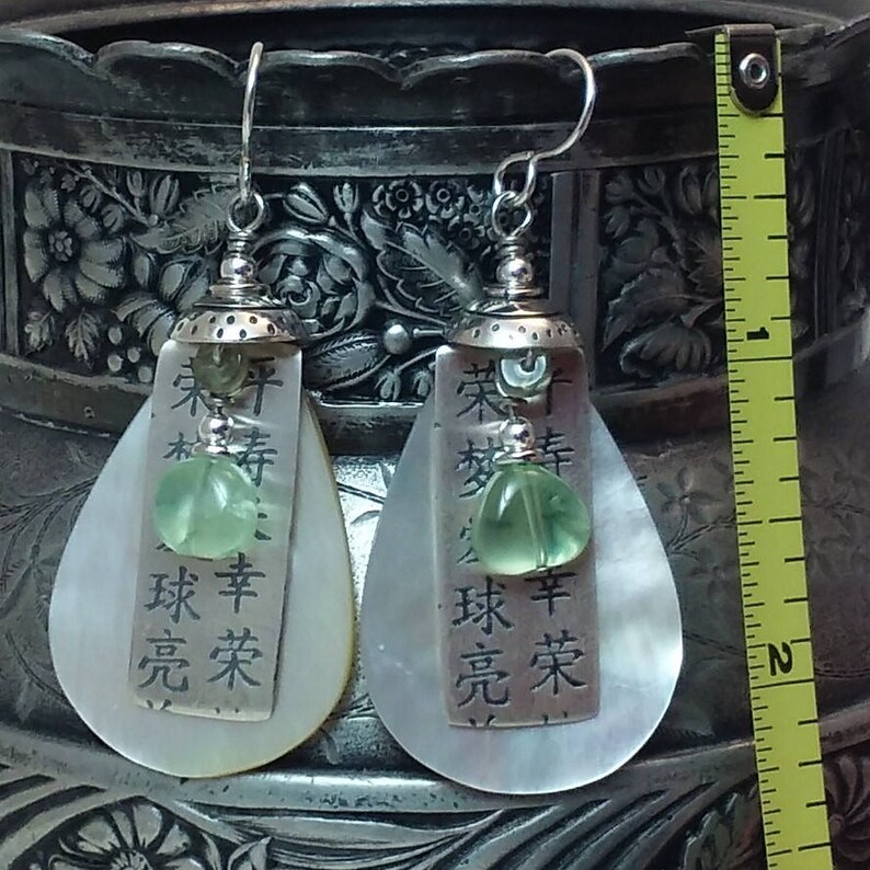 Green quartz, sterling silver, mother of pearl earrings, lightweight boho bohemian eclectic handmade artisan dangle gypsy modern relic yoga image 4