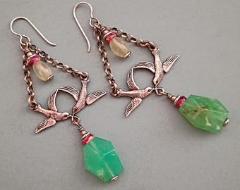 Sterling Silver Dove Earrings, Chrysoprase & Green Quartz Dangle
