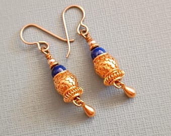 Lapis Dangle Earrings, 24k Vermeil Gold, Handmade Artisan Jewelry