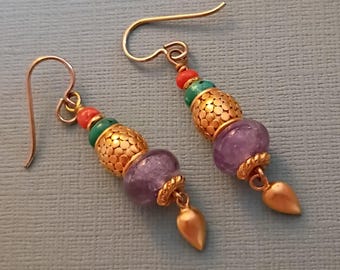 24k vermeil, amethyst turquoise and old coral earrings Etruscan Byzantine light weight