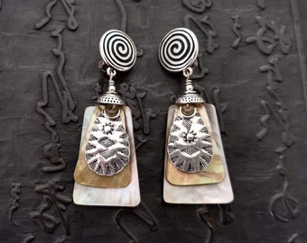 Clip on earrings of mother of pearl, hand stamped sterling silver, boho chic bohemian eclectic ethnic handmade artisan dangle earthy unique