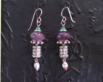 Amethyst, sterling & turquoise boho earrings