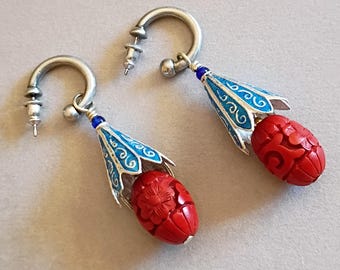 Cinnabar and enamel earrings