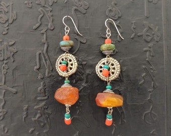 Tibetan repro of antique wheel, Baltic amber Peruvian opal turquoise old coral earrings white bronze tribal chic boho bohemian wabi sabi