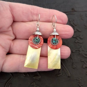 Spiny oyster shell, mother of pearl, turquoise, sterling silver earrings, boho, bohemian image 3