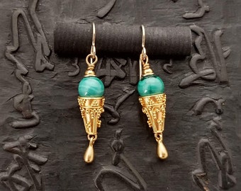 Malachite and 24K vermeil earrings, boho chic bohemian eclectic handmade artisan dangle elegant Byzantine Etruscan tribal chic rustic glam
