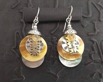 5 layers in a good everyday neutral, MOP sterling silver brass and citrine earrings tribal chic wabi sabi boho bohemian