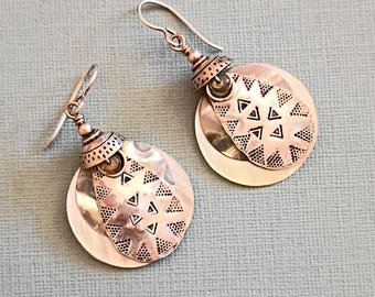 Hand Stamped Sterling Silver Earrings: Mother of Pearl Amulet