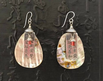 Large hanzi stamped sterling & abalone shell spiny oyster shell earrings, LIGHT WEIGHT  for the size