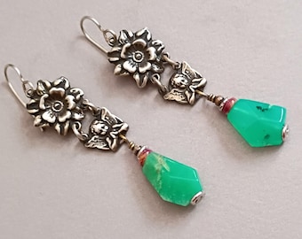 Chrysoprase Sterling Silver Dangle Earrings, Boho Angel Flower