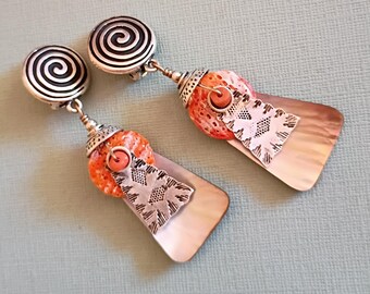 Handmade Clip On Earrings, Stamped Sterling Silver, Mother of Pearl, Boho Chic
