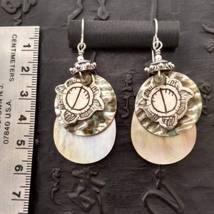 White bronze cast from old East Indian jewelry element, abalone, mother of pearl & sterling silver tribal chic wabi sabi boho earrings image 6