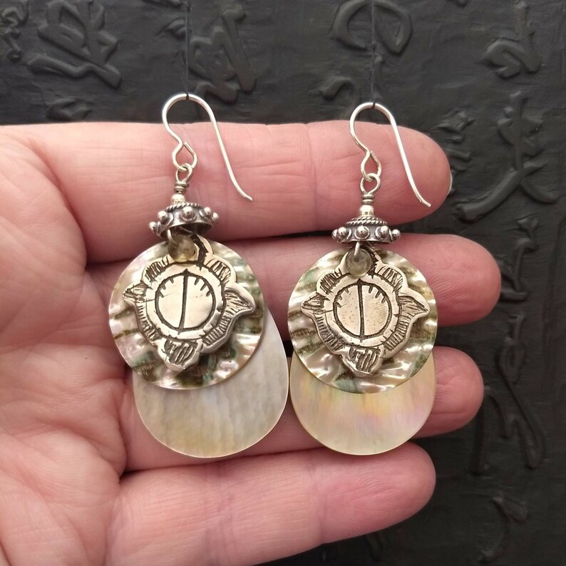 White bronze cast from old East Indian jewelry element, abalone, mother of pearl & sterling silver tribal chic wabi sabi boho earrings image 7