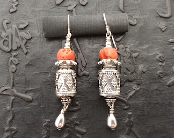 Old coral and sterling silver boho earrings bohemian eclectic nomad artisan ethnic artisan dangle earthy totem organic amulet primitive folk