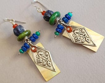 Lapis, turquoise, mother of pearl, white bronze light weight earrings tribal