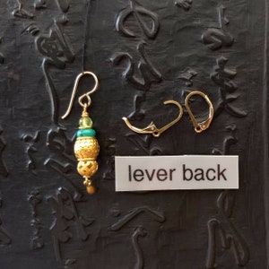 24k vermeil, turquoise &peridot Boucles doreilles byzantines étrusques peuvent être levier arrière, poteau, fil doreille ou clip sur lever back gold fill