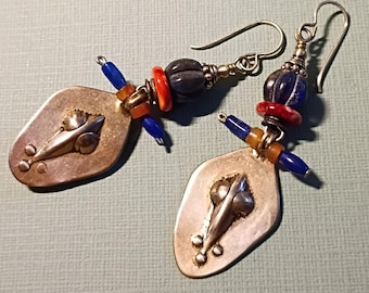 White Bronze Earrings, Lapis and Spiny Oyster Shell, Middle Eastern Style