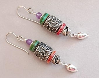 Handmade Sterling Silver Dangle Earrings, Spiney Oyster Shell, Turquoise, Amethyst