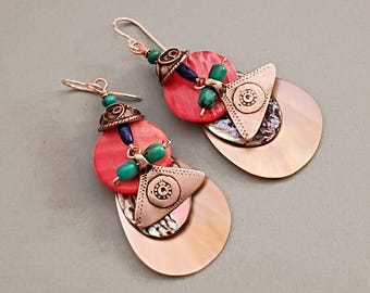 Tribal Chic Spiny Oyster Shell Earrings, Lapis Turquoise, White Bronze