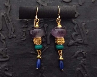 Amethyst, turquoise and 24k vermeil earrings Byzantine Etruscan feminine elegant gift for her eclectic nomad artisan handmade bohemian boho