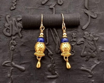 Lapis and 24k vermeil earrings boho bohemian eclectic handmade artisan dangle gypsy feminine elegant Byzantine Etruscan tribal talisman