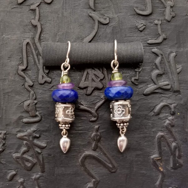 Lapis, peridot, amethyst and sterling earrings modern relic rustic tribal chic bohemian eclectic boho ethnic artisan designed and made color