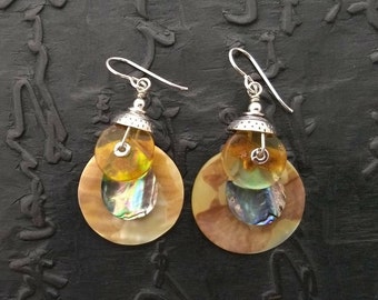 Baltic amber, abalone, mother of pearl and sterling silver light weight earrings.