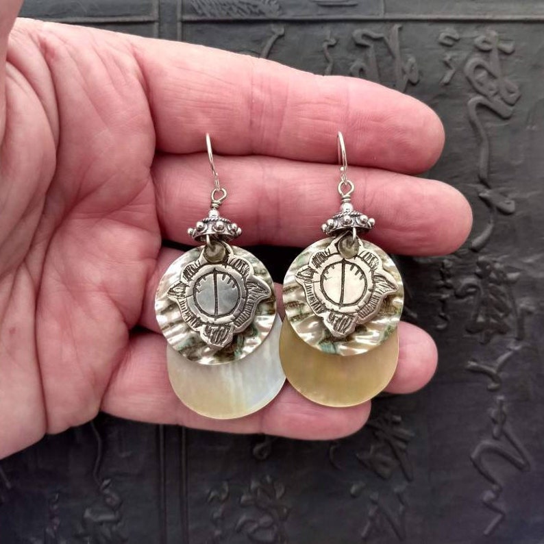 White bronze cast from old East Indian jewelry element, abalone, mother of pearl & sterling silver tribal chic wabi sabi boho earrings image 2