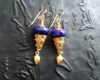 24k vermeil with hand faceted lapis earrings, elegant Byzantine Etruscan tribal rustic eclectic handmade artisan modern relic exotic ethnic