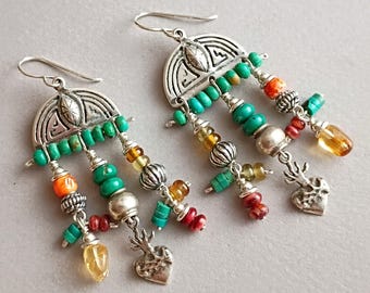 Old Navajo half circle cast from original, turquoise, milagro heart and other stones