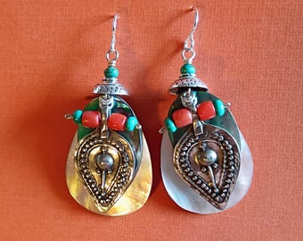 Sterling, white bronze, spiny oyster, mop, light weight earrings, turquoise, old coral