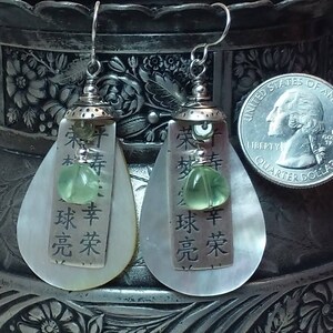 Green quartz, sterling silver, mother of pearl earrings, lightweight boho bohemian eclectic handmade artisan dangle gypsy modern relic yoga image 5