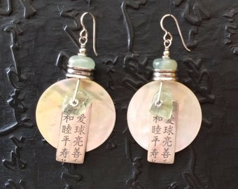 Large light weight statement earrings Chinese characters Hanzi MOP sterling silver aquamarine wedding bride good words positive words