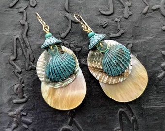 Copper patina seashell with abalone mother of pearl turquoise lightweight earrings ocean shell