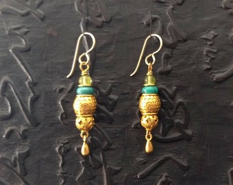 24k vermeil, turquoise &peridot Boucles d’oreilles byzantines étrusques peuvent être levier arrière, poteau, fil d’oreille ou clip sur