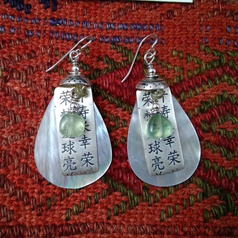 Green quartz, sterling silver, mother of pearl earrings, lightweight boho bohemian eclectic handmade artisan dangle gypsy modern relic yoga image 2