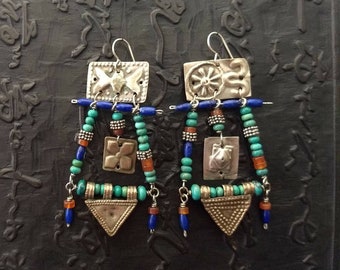 Mismatched earrings lightweight old telsums and Afghani jacket ornaments amulet talisman turquoise lapis agate 3" long