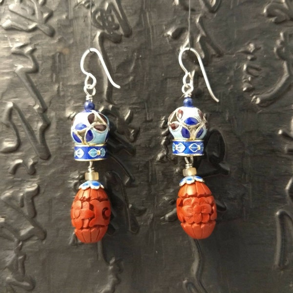 Vintage cinnabar, Chinese enamel, lapis and agate in a very lightweight earring.  Colorful.  Can switch earwires to clip, lever back or post