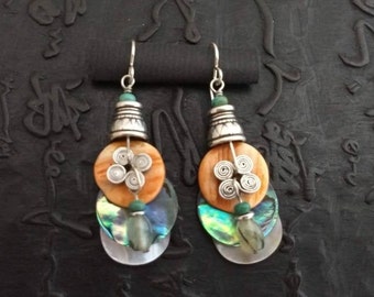 Orange spiny oyster shell, paua, sterling silver, green quartz earrings Frida Kahlo lightweight