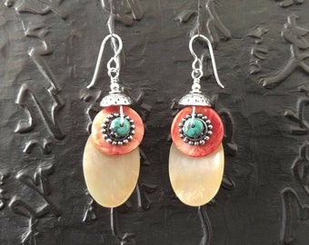 Spiny oyster shell, mother of pearl, turquoise, sterling silver earrings, boho, bohemian