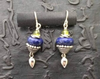 Hand cut lapis, peridot and sterling silver earrings