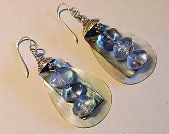 Iolite, paua shell, mother of pearl and sterling silver light weight earrings statement